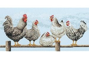 Dimensions Black and White Hens Counted Cross Stitch Kit, 14 Ct. Light Blue Aida Cloth, Finished Project 16" x 8", Multicolor 4 Piece