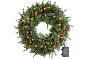 HOMEKAREN Christmas Wreath Pre-lit 24 inch with 50 Light & Pine Cone, Artificial Christmas Wreaths for Front Door with Lights, Wreath for Christmas Decoration Door Windows Wall Green