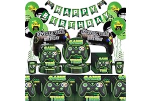 BATNITE Video Gaming Party Decorations - 96 Piece Supplies, Happy Birthday Banners, Green Game Balloons, Tablecloths, Plates, Cups, Napkins for Kids, Boys, Men Gamers, Serves 10 Guests