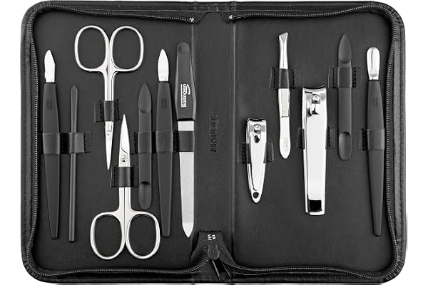 Kit manucure Solingen 12 pièces - kit ongle, coupe ongle, limes a ongles professionnelle, pince a epiler, repousse ongles, pousse cuticule, étui en simili-cuir de haute qualité