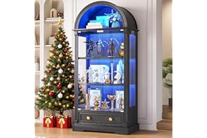 FREDEES Arched Display Cabinets with Glass Doors, 72" Tall Curio Cabinet with Human Sensor LED Lights, 4-Tier Display Case for Collectibles Bookcase Living Room, Black