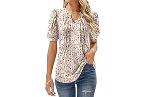 EFFAN Bluse Damen Kurzarm T-Shirts V-Ausschnitt Blumen Falten Tunika Sommer Oberteile Locker Lässig Longshirt…