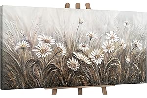 YS Tableau peinte à la main Marguerites blanches sur fond vert foncé Art abstrait modern paysage d'été motif printanier Toile abstraite moderne Surface texturée 140x70 cm