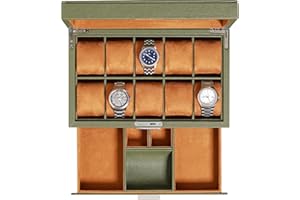 ROTHWELL Caja de reloj de cuero con 10 ranuras con cajón de valet, organizador de exhibición de caja de reloj de lujo, forro de microgamuza ultra suave, tapa de vidrio grande (verde/tostado)