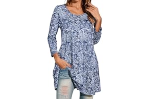 Enmain Womens Casual Tunic Top 3/4 Long Sleeve Longline Blouse Ladies Swing Tunic Top Loose Blouse T Shirt Round Neck Stretch Comfortable Holiday