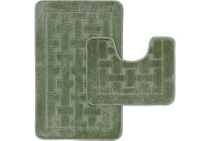 LS DECOR Luxury 2 Piece Block Bath Mat Set Non Slip Ultra Soft Bathroom Mats Water Absorbent Bath Mats Machine Washable Rug Toilet Mat for Bathroom Floor (GREEN)