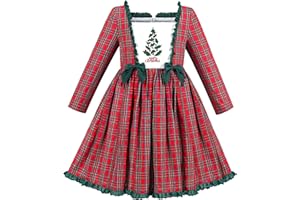 Sunny Fashion Vestido para niña Rojo A Cuadros Encaje Volante Fruncido Falda Manga Larga Navidad 4-8 años