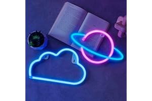 NELUX Pack de 2 Planète et Nuage - Néon LED Mural, Lampe Neon Gaming Chambre Decoration, Enseigne Lumineuse Setup Gamer. Connexion batterie ou USB.