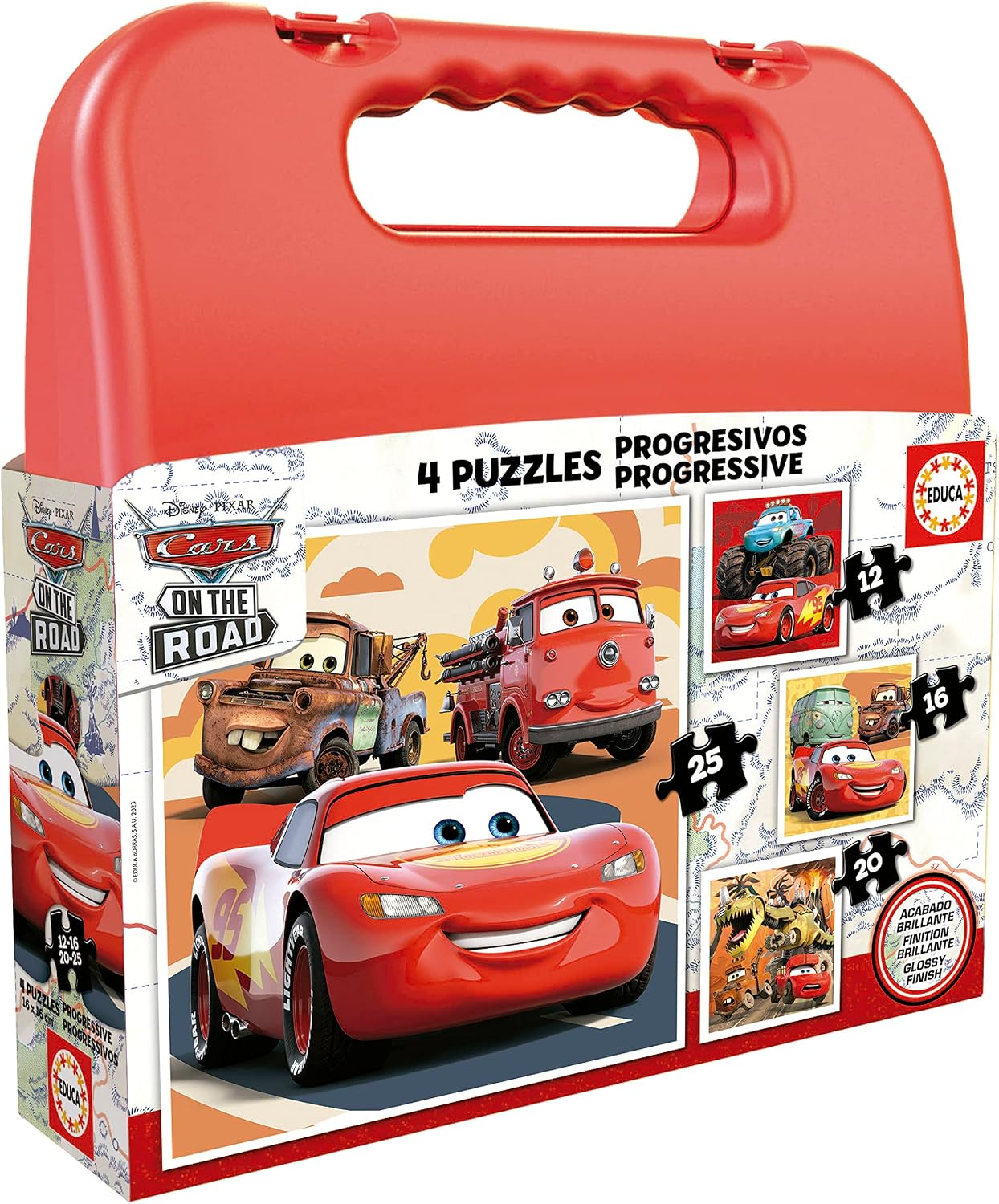 Educa - Maleta Cars | Set de 4 Puzzles Infantiles progresivos de 12 a 25 Piezas. Medida aproximada una Vez montado: 16 x 16 cm. Compuesto por Grandes Piezas Perfectamente acabadas. +3 años (19677)