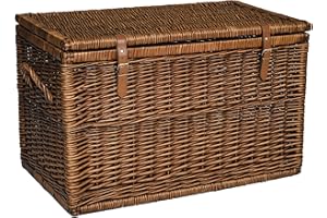 Arthur Cameron - Modena Deluxe Wicker Storage Basket with Lid, Leather Straps to Secure Shut & Strong Wooden Frame - Large wicker basket, storage trunk, storage chest (Extra Large, Distilled Brown)