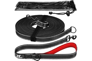 TUFFDOG Training Lead For Dogs - Reflective Heavy Duty Long Line Dog Lead with Detachable Padded Handle for a Short Dog Lead + Storage Bag for Recall & Tracking (15m, Black)