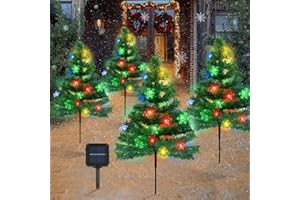 NINONLY Sapin de Noël Artificiel Solaire Lumineuse, Lot de 4 Sapin de Noel avec 80 LED Lumières Flocon de Neige, Decoration Noel Exterieur Solaire Étanche, Noel Lumiere Solaire pour Jardin Chemin Cour