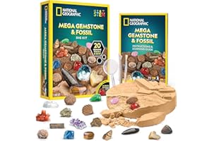 BLUE MARBLE National Geographic Gem Fossil Dig Kit - Mega Dig Kit for Kids with 10 Gemstone & 10 Fossil Specimens, Excavation Tools Included, Great STEM Activity for Curious Boys and Girls Who Love to Explore
