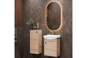 Planetmöbel Set di mobili da bagno lavabo con mobiletto 45 x 60 x 33 cm, specchio con illuminazione 50 x 90 cm e armadio midi per WC ospiti, rovere Sonoma