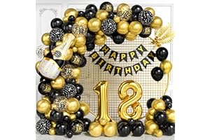 OUSUGA Decorazioni per 18° Compleanno, Kit Arco Palloncini Oro Nero con Numero 18 Palloncini Foil, Stampa Palloncini, Striscione Buon Compleanno per Ragazzi Ragazze, Decorazione Festa Oro Nero per 18 Anni