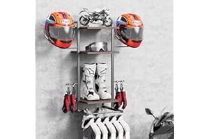 Simaixing 3-In-1 Helmet Holder Wall Mount, Retro Motorcycle Helmet Rack and Jacket Holder with 3-Tier Shelf, Helmet Hanger for Storing Motorcycle Accessories, Football, Tactical Gear Stand (Black)