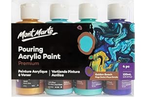 MONT MARTE Colori Acrilici Pouring Set Spiaggia d'oro – 4 Pezzi x 120ml – Pitture Acriliche premiscelate con Medium per Acrilico – Oro, Turchese, Azzurro, Blu Oltremare