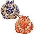 Touchstone NEW! Indian Hand Embroidered Floral Faux Pearls Shopping Gifts Jewelry Wedding Sweet Distribution Drawstring Fancy Blue Orange Color Bags Purses Pouches Set Of 2 For Women.