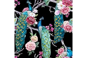 ReWallpaper Papier Peint Jungle Paon Vert Papier Adhésif pour Meuble Fleur Tapisserie Autocollante Murale Noire Papier Peint Bleu Vert Papier Vinyle Adhesif Motif Fleuri pour Salon 44.5cm×3m