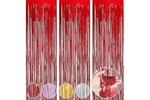 OFFCUP Lametta Vorhang, 3pcs Metallische Glitzervorhang Fringe, Tinsel Folie Vorhang Folienfransen Vorhang, Glitzer Folien Fransen Lametta Vorhänge Folie Hintergrund für Geburtstag Party/Hochzeit(Rot)