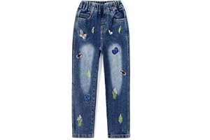 KIDSCOOL SPACE - Pantalones Vaqueros Ajustados con Bordado de Flores pequeñas para niña