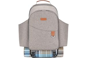 HappyPicnic Isolierter Picknickrucksack für 2 Personen mit komplettem Geschirrset, geräumigem Kühlfach, Flaschenhaltern und großer wasserdichter Picknickdecke, gebürstetes Khaki