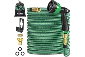 Tuyau Arrosage Extensible 15m, Disdarkday Tuyau D’arrosage Extensible avec 1/2" et 3/4" Adaptateurs, 10 Modes d'Arrosage, Latex Triple Épaisseur Durable avec Raccords et Sac, Vert