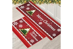 PORJDN Set di tappeti natalizi per interni, tappeto rosso, tappetino per porta di Natale, runner per cucina, decorazione per la casa, lavabile (stile D, 40 x 120 + 40 x 60 cm)