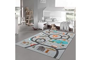 ‎TEPPICH-TRAUM Teppich-Traum Kinderteppich Kinderzimmer Teppich rutschfest Spielteppich Safari Straßen Autos Tiere rutschfest grau 120 x 160 cm