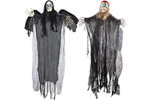 JOYIN 2 Stück Halloween Hängende Skelett Geister, 1 m, EIN Fliegender Sensenmann und EIN Skelett-Pirat mit LED-Blinkaugen, Beste Halloween Dekorationen