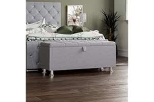 Vida Designs Valencia Pouf Ottomano, con Coperchio in Tessuto, Sedia, Sgabello, Panca per Finestra, Cassapanca, Cassapanca per Giocattoli, Pouf, Poggiapiedi, Lino Grigio Chiaro