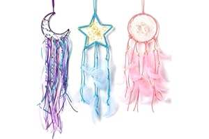 GROBRO7 3pcs DIY Dream Catcher Kit for Kids Adults Handmade Circle Moon Star Dreamcatcher Wall Hanging Decoration with Feather&Beads, Bohemian Decor for Nursery Room, Gift for Friends Birthday Party Essential