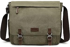SUNBORLS Classic Messenger Bags for Men Vintage Canvas Genuine Leather Ornamental Shoulder Bag Daily Commuting, Travelling, College Bag Flip Lid Design + Large Opening for Easy Access to Items at All Times