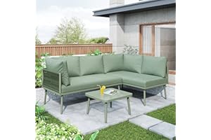 Jaxenor 4 Seater Garden Sofa Set with Adjustable Foot Legs, Thick Quality Outdoor Garden Furniture Sets, Outdoor Sofa with Glass Coffee Table, L-Shaped Corner, Green