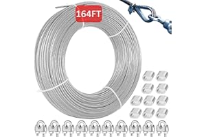 Eachans 2mm 50m Stainless Steel Wire Rope, PVC Coated 304 Steel Cable with 10 Wire Rope Clamps, Durable Steel Cable for Curtain Rods, Clothesline, Plant Support, String Lights, and Hanging Lights