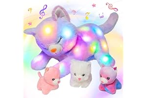 Hopearl LED Musical Plüsch Katze Leuchtet Singendes Plüschtier Set Mama Katze mit 3 Baby Kätzchen in Bauch Schlaflied Animierte Beruhigung für Mutter Kinder Kleinkind Mädchen, Regenbogen, 45 cm