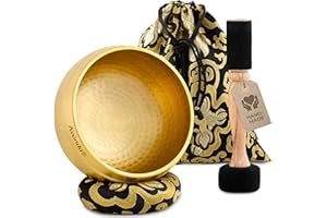 AVANDA Tibetan Singing Bowl Set for Yoga, Meditation and Relaxation - Hammered Tibetan Singing Bowl Ø 13.5 cm, Double Beater with Felt and Leather, Ring Cushion, Bag and Instructions