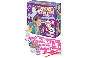GirlZone Regalo Ragazza - Giochi Bimba Glitter Tattoo Studio Unicorno- Set Tatuaggi Glitter Bambina - Set 33 Pezzi con Glitter per Tatoo, Stencil- Tatuaggi Riutilizzabili