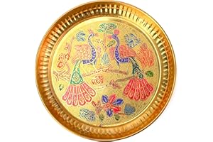 Tarini Gallery Pooja Thali Plate Small Hand Crafted Embossed Colorful Design Peacock Essential Puja Article for Rituals Festivals Home Temple Office Wedding and Gifting (Peacock Plate - 7")