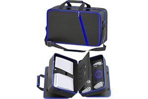 GERSKER PS5 Tasche kompatibel mit PS5/PS5 Slim/PS5 Pro Digital & Disc, 10 Fächer Aufbewahrung PS5 Rucksack für PS Portal, 4 Spielkarten, 2 Controller, PS5 Reisetasche mit großer Kapazität, Schwarz & Blau