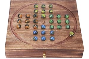Ajuny Wooden - Tavola da solitario realizzata a mano, 10 pollici, 33 marmi in 4 colori, stile vintage, Fun Family Tabletop Home Office Decorative Solitaire Games for Kids and Adults