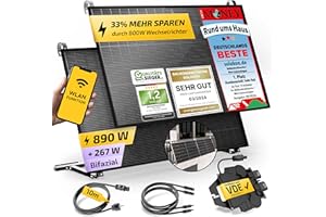 Solakon® 890W Balkonkraftwerk 800W / 600W komplett Steckdose - Upgradebarer Wechselrichter - Inklusive Halterung - 445W Bifaziale Solarmodule & 600W/800W Wechselrichter & Zubehör - 10m Kabel