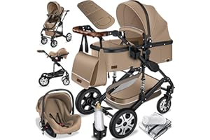 KESSER® Loops wózek dziecięcy 3 w 1, wózek dziecięcy, zestaw, w tym: Gondolka dla niemowląt, fotelik sportowy i fotelik samochodowy dla niemowląt – w pełni gumowe opony – torba do przewijania/ochrona przed deszczem/zestaw stołowy dla dzieci, beżowy / czarny