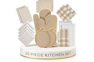 LANE LINEN 20 Piece Kitchen Dish Cloths Set - 100% Cotton Dish Towels, Heat Resistant Kitchen Mittens and Pot Holder Set, Reusable Dish Rags for Washing Dishes, Absorbent Dish Towels- Beige