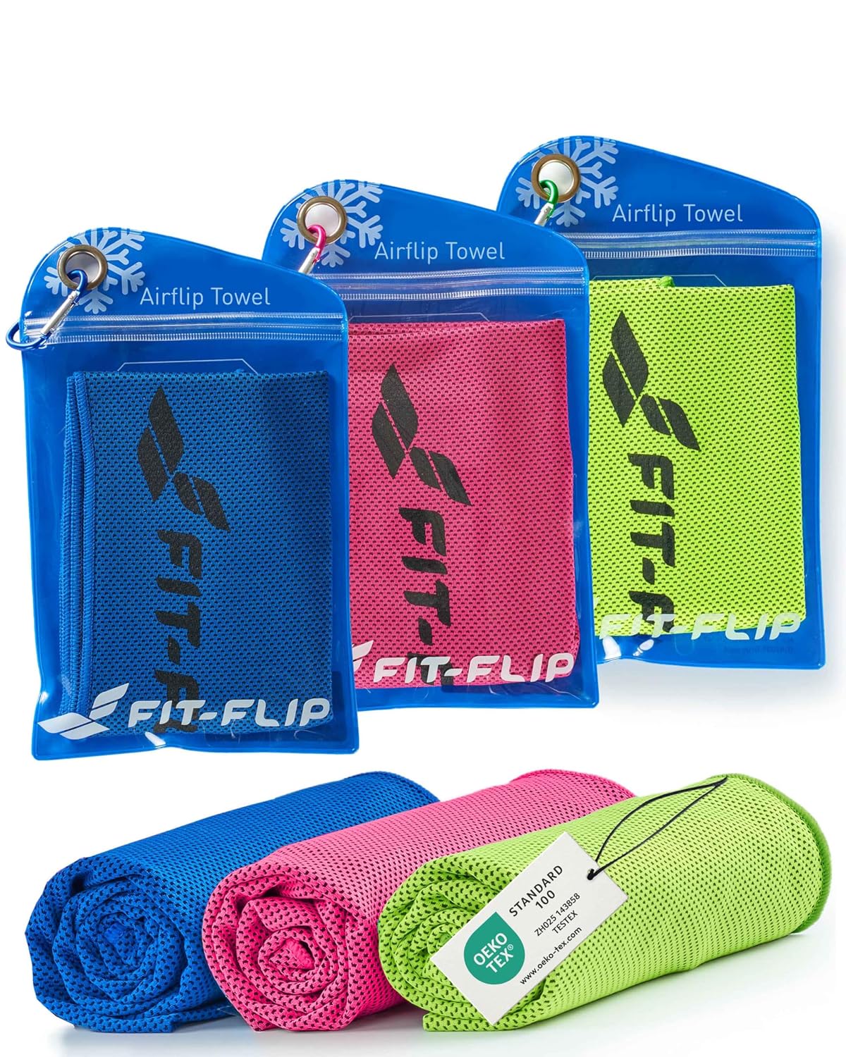 Fit-Flip Kühltuch 3er Set, kühlendes Handtuch Fitness und Sport | Mikrofaser Kühlhandtuch Nacken, Airflip kühltücher, cool ice towel mit Kühlfunktion