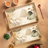 Civana Homes Wooden Serving Tray with Gold Engraving | Set of 2 | Size : 16 x 10 inch & 14 x 8 inch | Enamel Coated Waterproo
