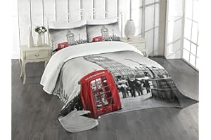 ABAKUHAUS Londra Set Copriletto Trapuntato, Cabina telefonica Big Ben, Decorativo, 2 Pezzi con 1 Federa Cuscino, 170 x 220 cm, Grigio Rosso