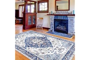 Vamcheer Alfombra de área Vintage - Alfombra de Salón Imitación Cachemira de Antideslizantes y Lavable,Alfombras Decorativas para Habitación,Comedor,Pasillo,Azul Retro 120x170 cm