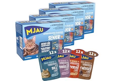 MJAU 4X multipack Senior med 48 x 85 g – våt mat senior i 4 läckra varianter – aptitretare i sås med - Amazon Deal & Rabatt