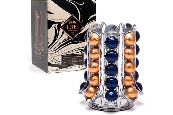 Peak Coffee Porte-capsules pour 70 capsules Nespresso Vertuo Vertuoline – 40 affichés à l'extérieur avec 30 manèges intérieurs – Organiseur de rangement rotatif à 360° – Chrome